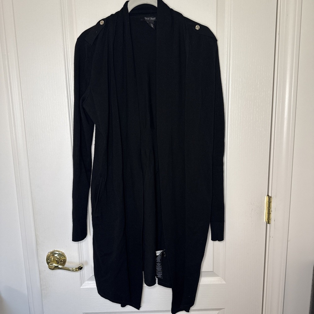 White House Black Market WHBM Black Longline Cardigan Duster Small Pockets Gold